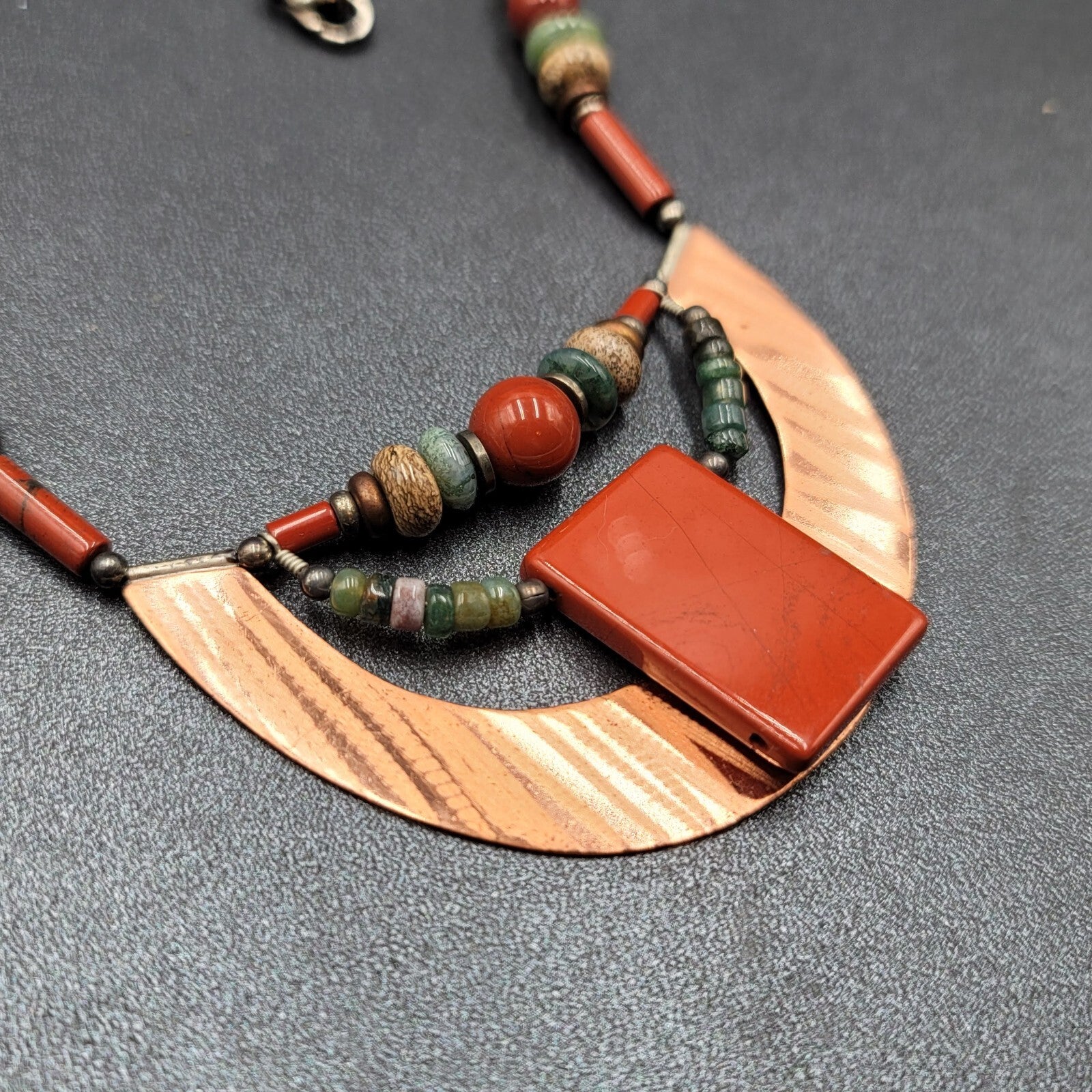 Artisan Necklace Handmade Gemstone Beaded Copper Pendant 20.5" Signed AE
