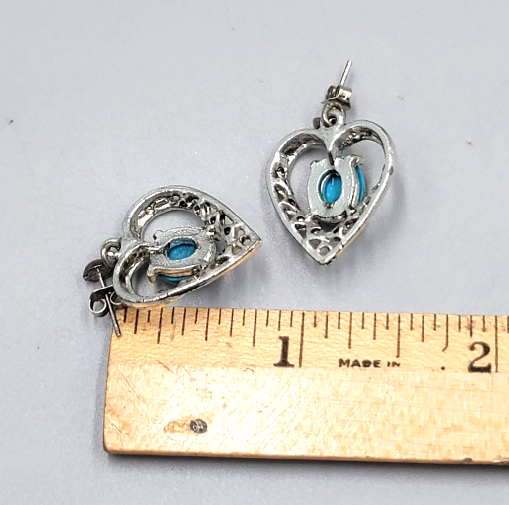 Vintage Heart Faux Turquoise Pierced Earrings Silver tone Dangle  3/4"