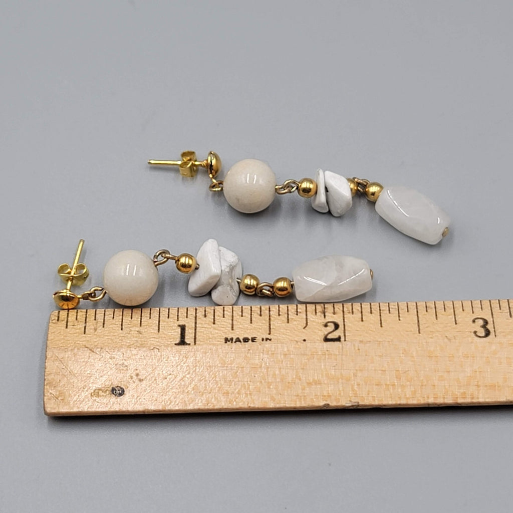 Vintage Pierced Earrings Gold tone White Stone Bead 2.25"