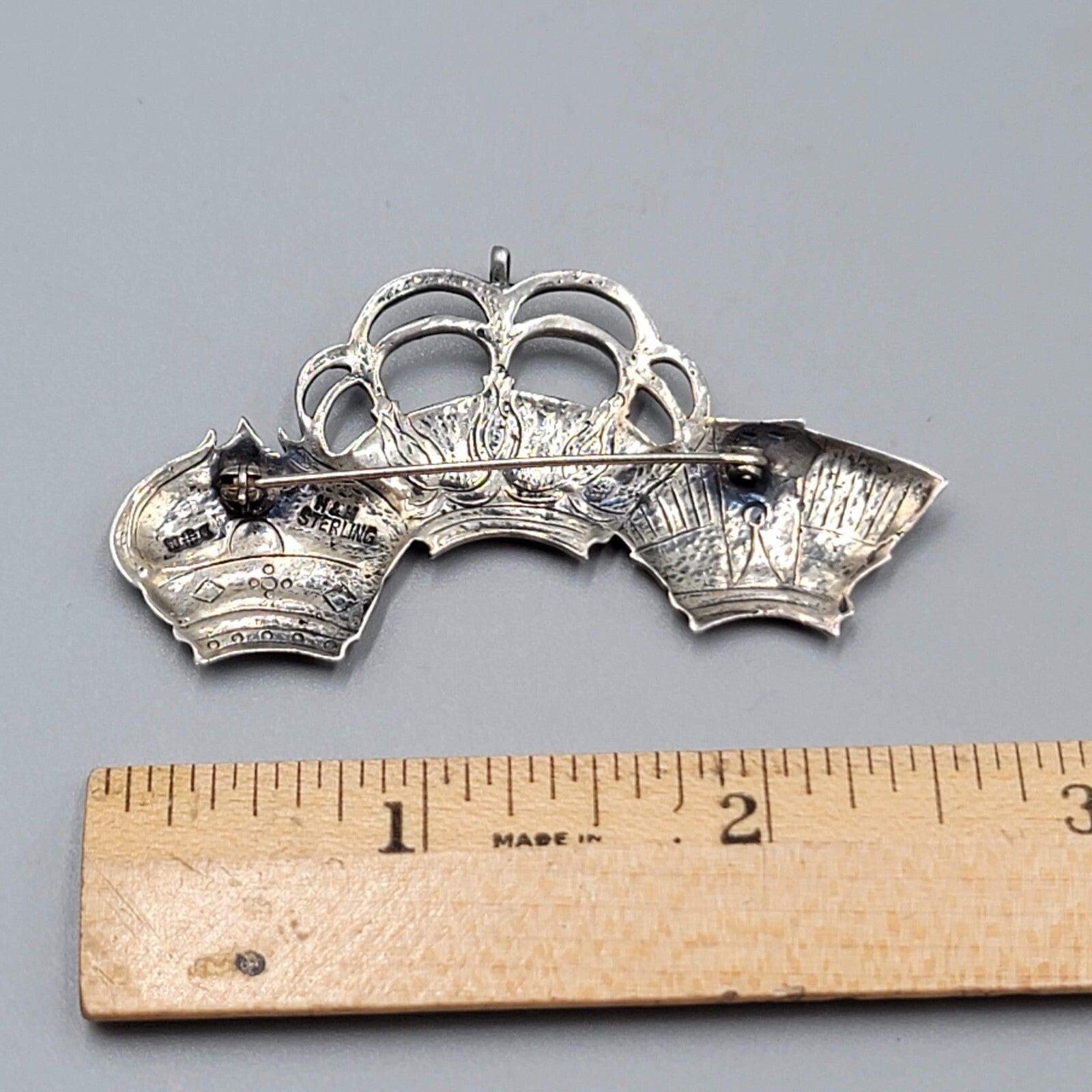 Vintage H&H Hand and Hammer Sterling Silver 925 Three Crowns Brooch 2.5"