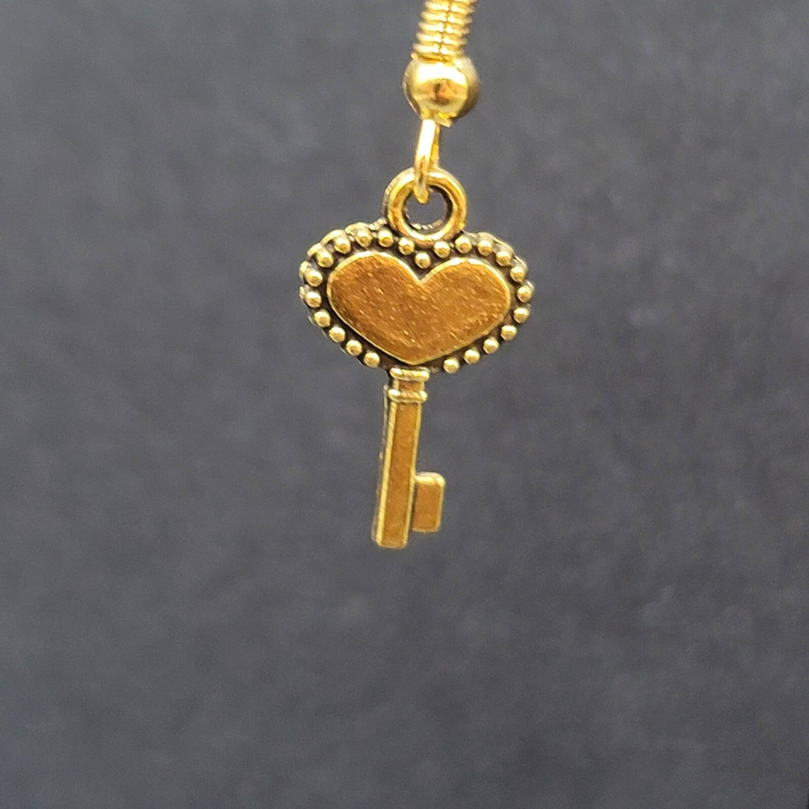 New Ornate Heart Skeleton Key Pierced Earrings Gold tone Dangle 5/8"