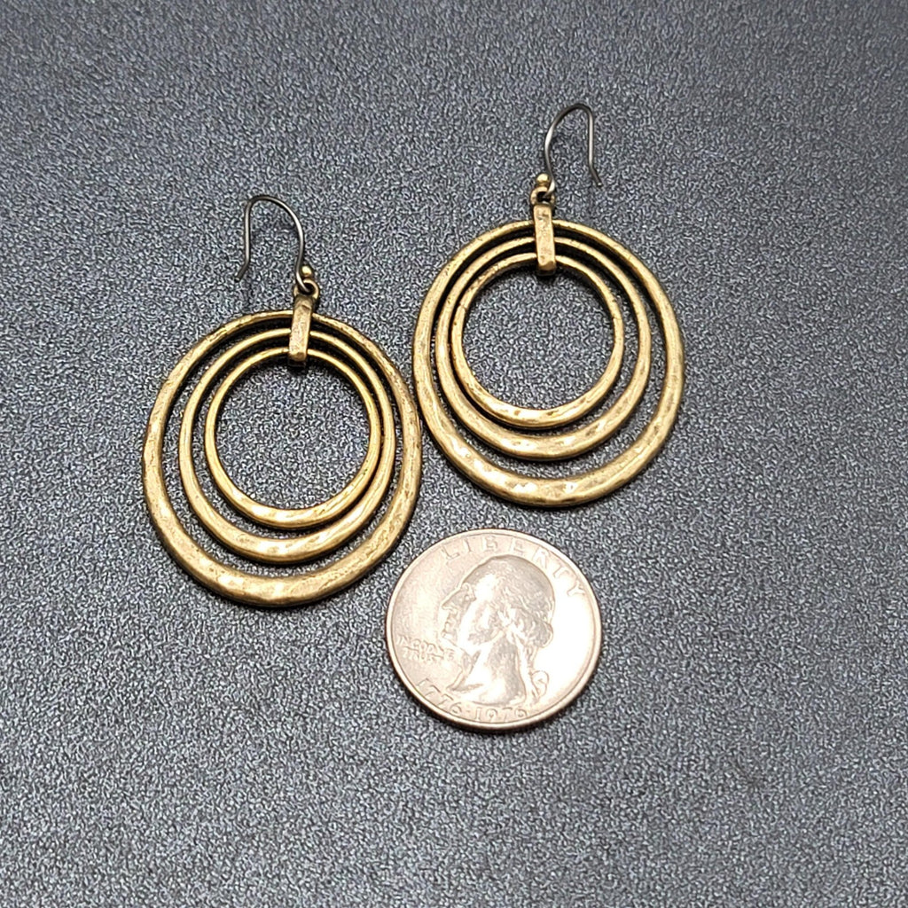 Concentric Ovals Pierced Earrings Bronze tone Embossed Dangle New 1.75"