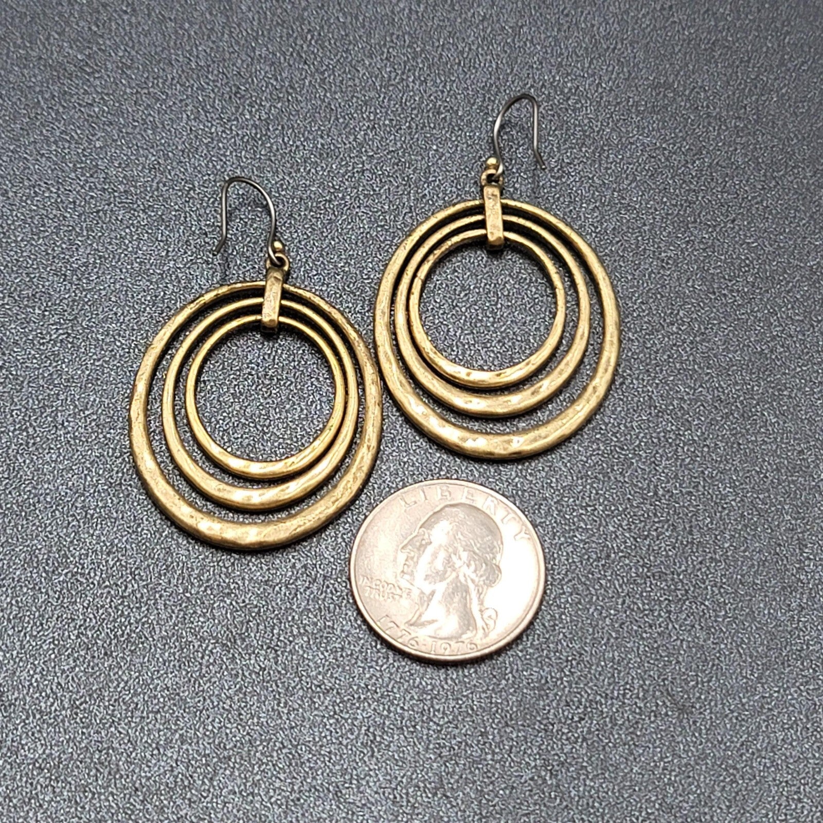 Concentric Ovals Pierced Earrings Bronze tone Embossed Dangle New 1.75"