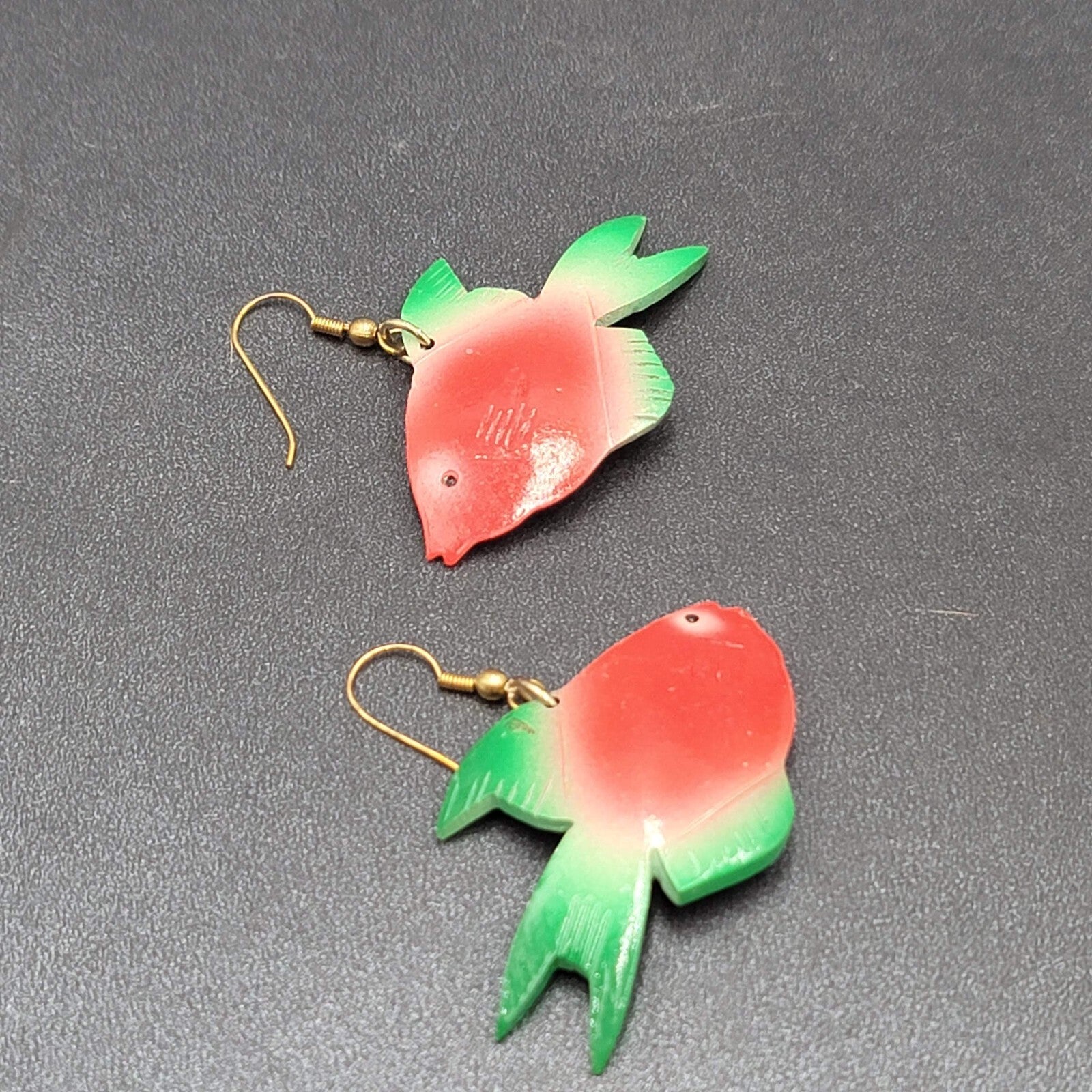 Vintage Pierced Earrings Coconut Shell Carved Fish Painted 2"