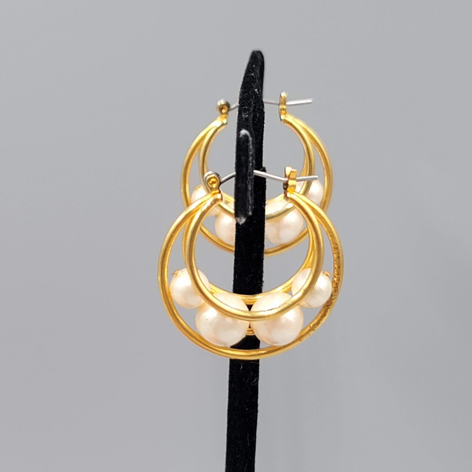 Vintage Hoop Pierced Earrings Caged White Beads Gold tone Dangle 1.25 in