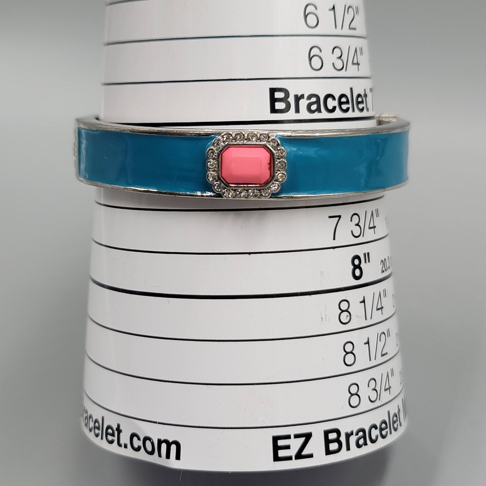 Hinged Bangle Bracelet Silver tone Blue Enamel Pink Accent 7.25"