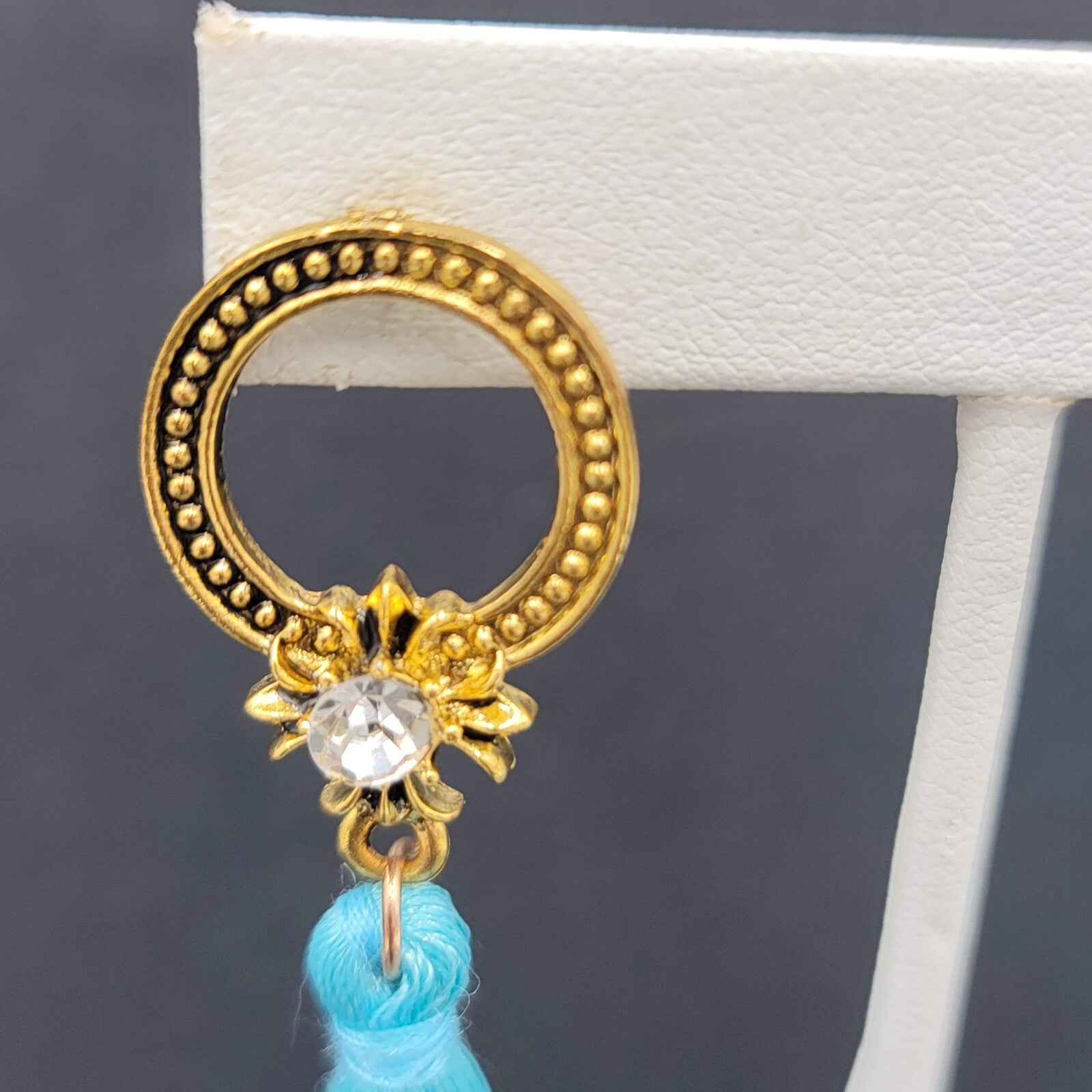 Pierced Earrings Gold tone Blue Tassel Rhinestone Statement Dangle 2.5"