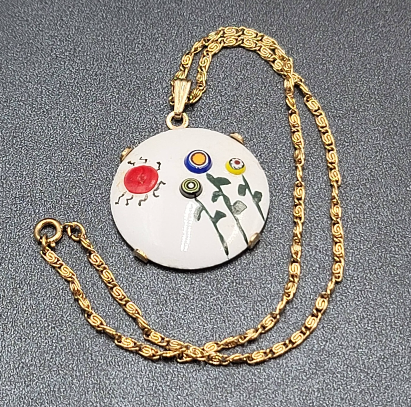Vintage Enamel over Metal Flower Pendant Gold tone S Chain Necklace 15"