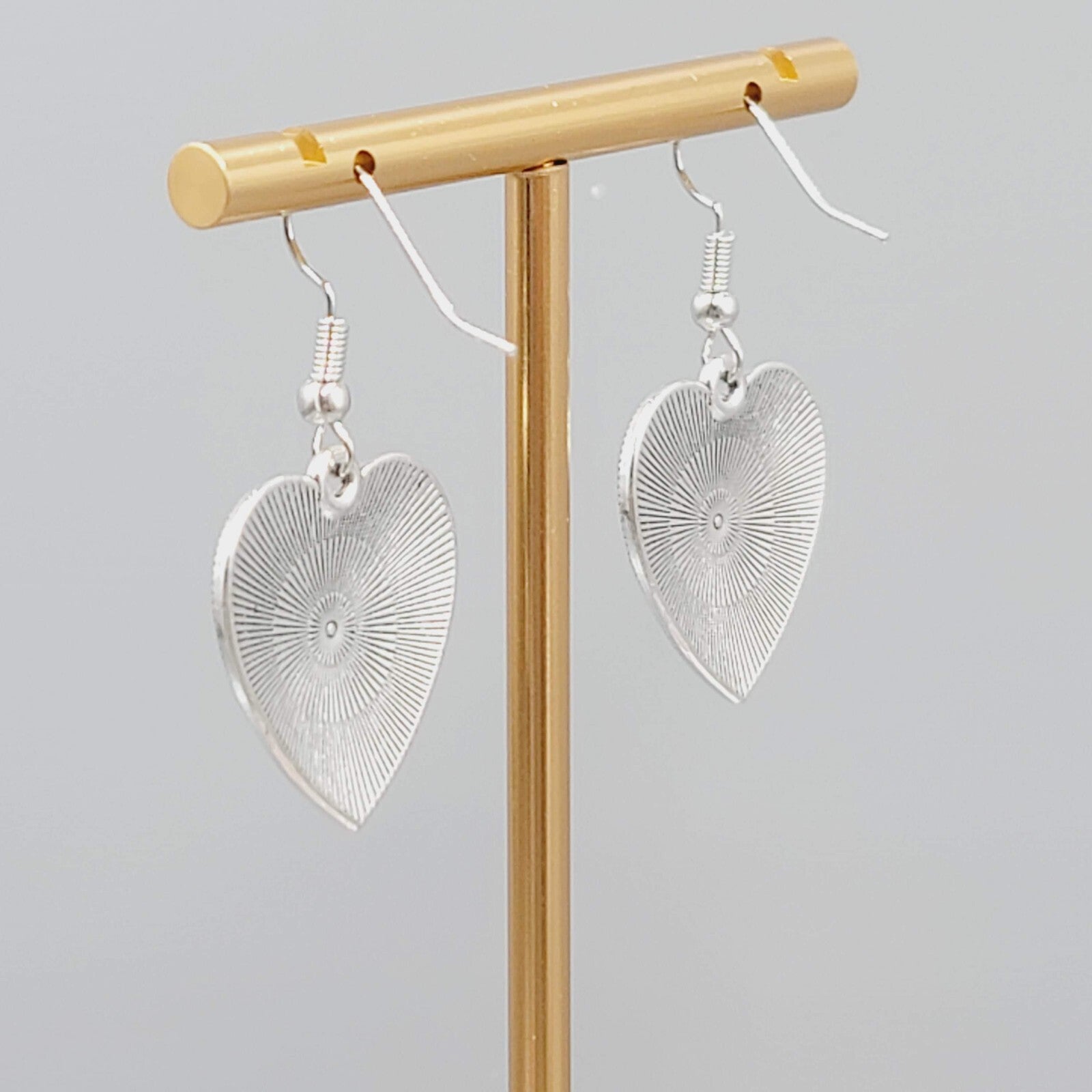 Satin Enamel Heart Pierced Earrings Black Swirl Accent Silver tone Dangle 1"