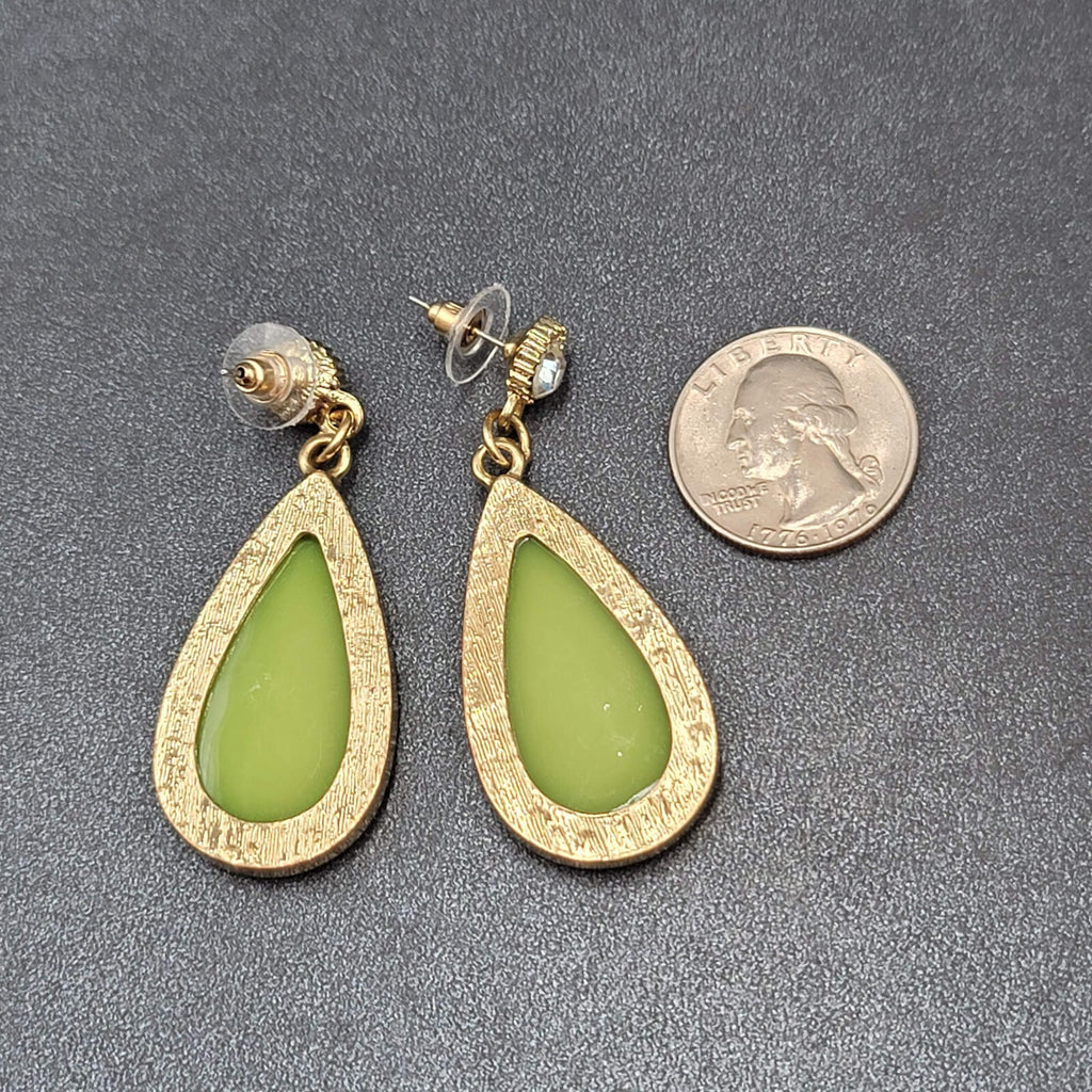 Pierced Earrings Gold tone Green Druzy Style Statement Dangle 2.25"