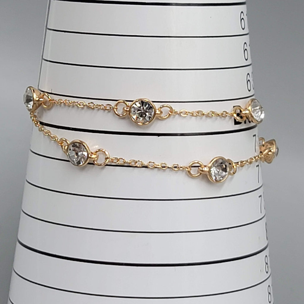 Double Chain Station Rhinestone Bracelet Gold tone 7"-8.75" Adj