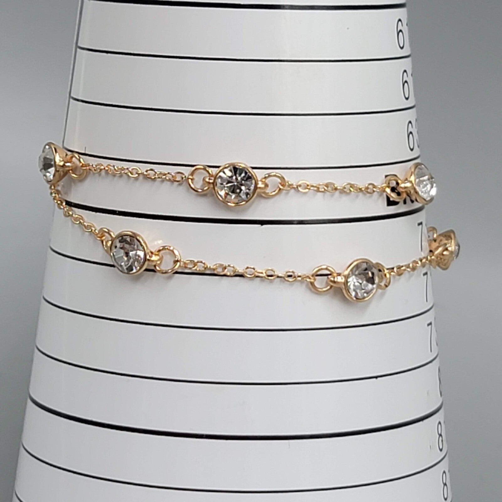 Double Chain Station Rhinestone Bracelet Gold tone 7"-8.75" Adj