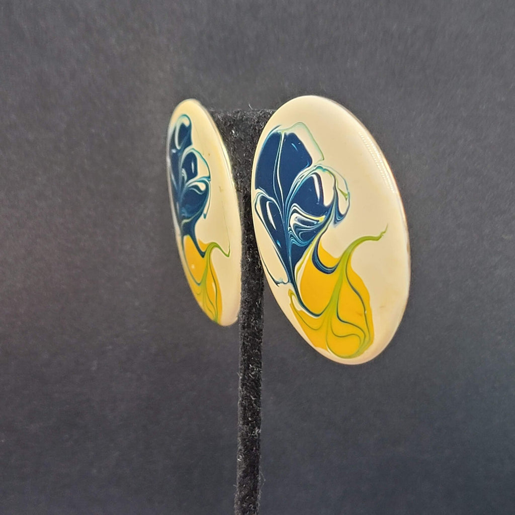 Vintage Pierced Earrings Large Round Yellow Blue Cream Enamel 1.75"