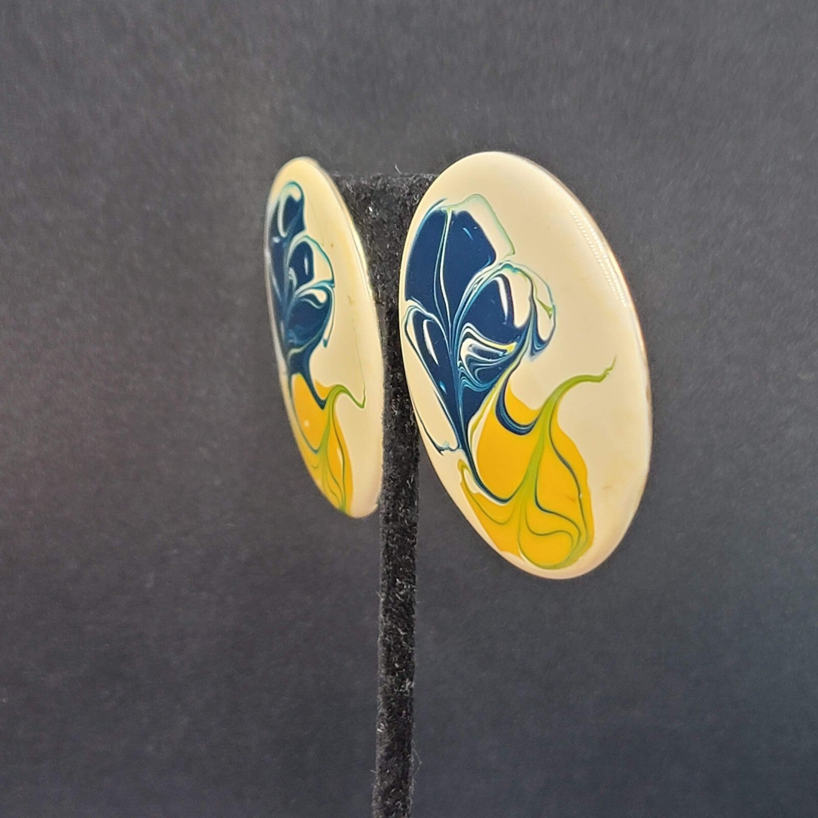 Vintage Pierced Earrings Large Round Yellow Blue Cream Enamel 1.75"