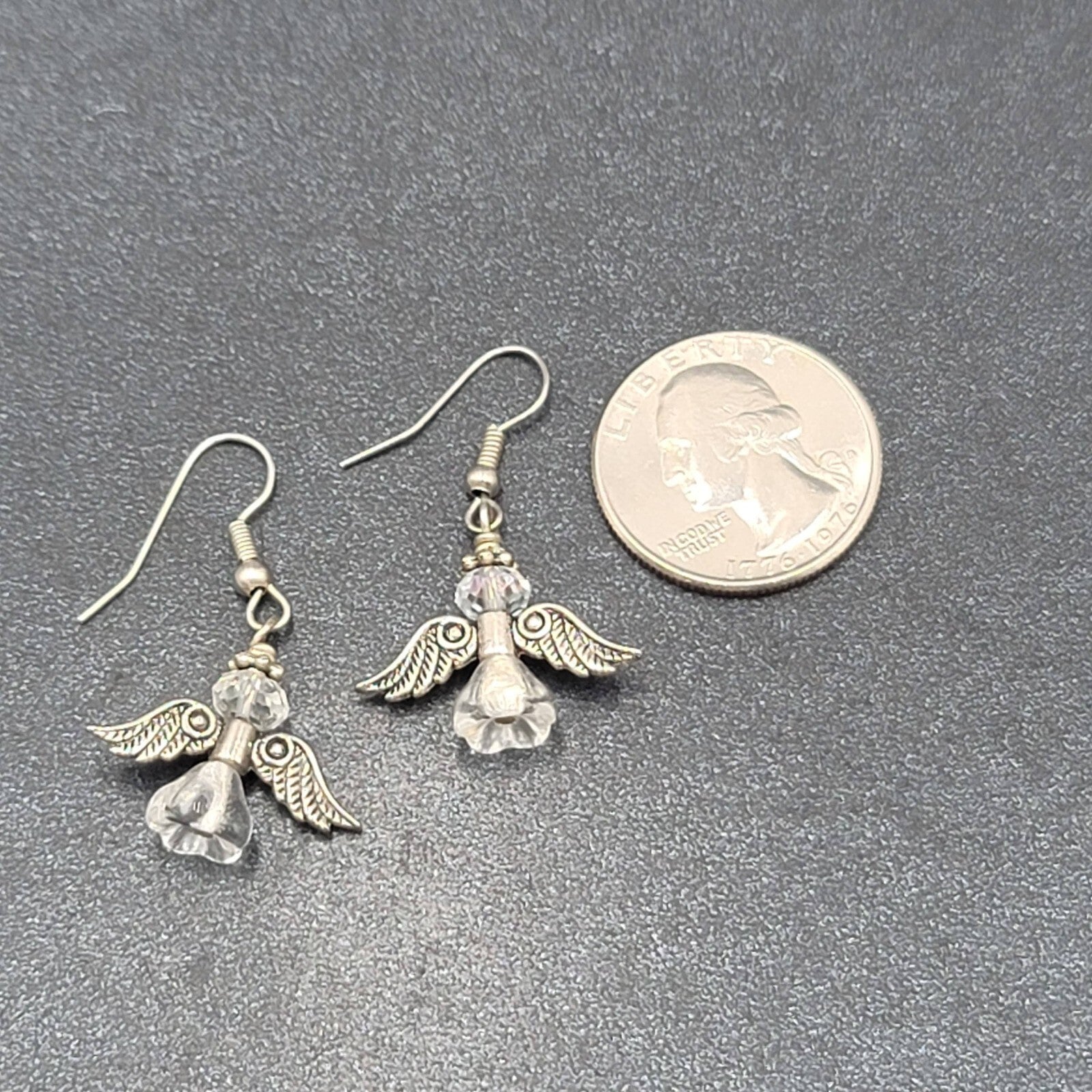 Angel Pierced Earrings Silver tone Glass Beaded Dangle 7/8"