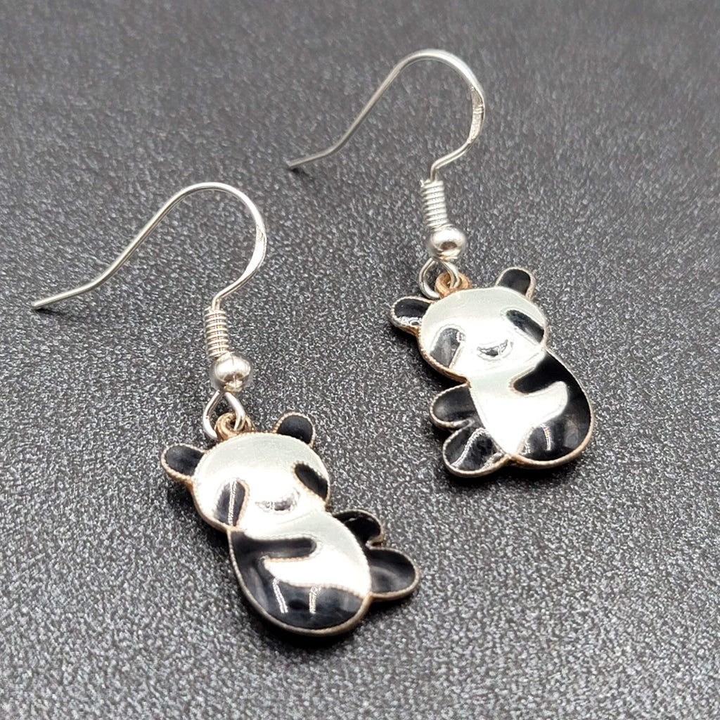 Panda Sterling Silver Pierced Earrings Enamel Dangle 3/4"