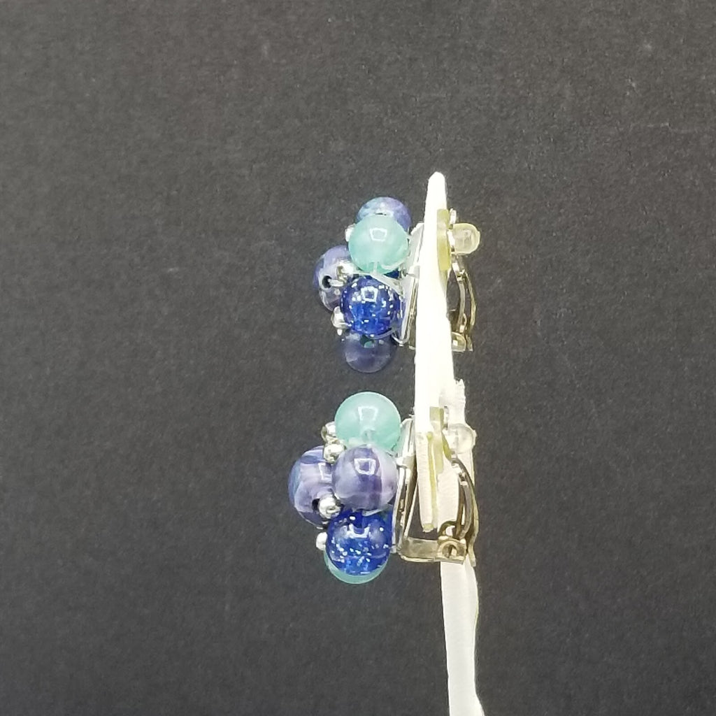 Vintage Clip On Silver tone Blue and Green Acrylic Bead Cluster Stud 1"