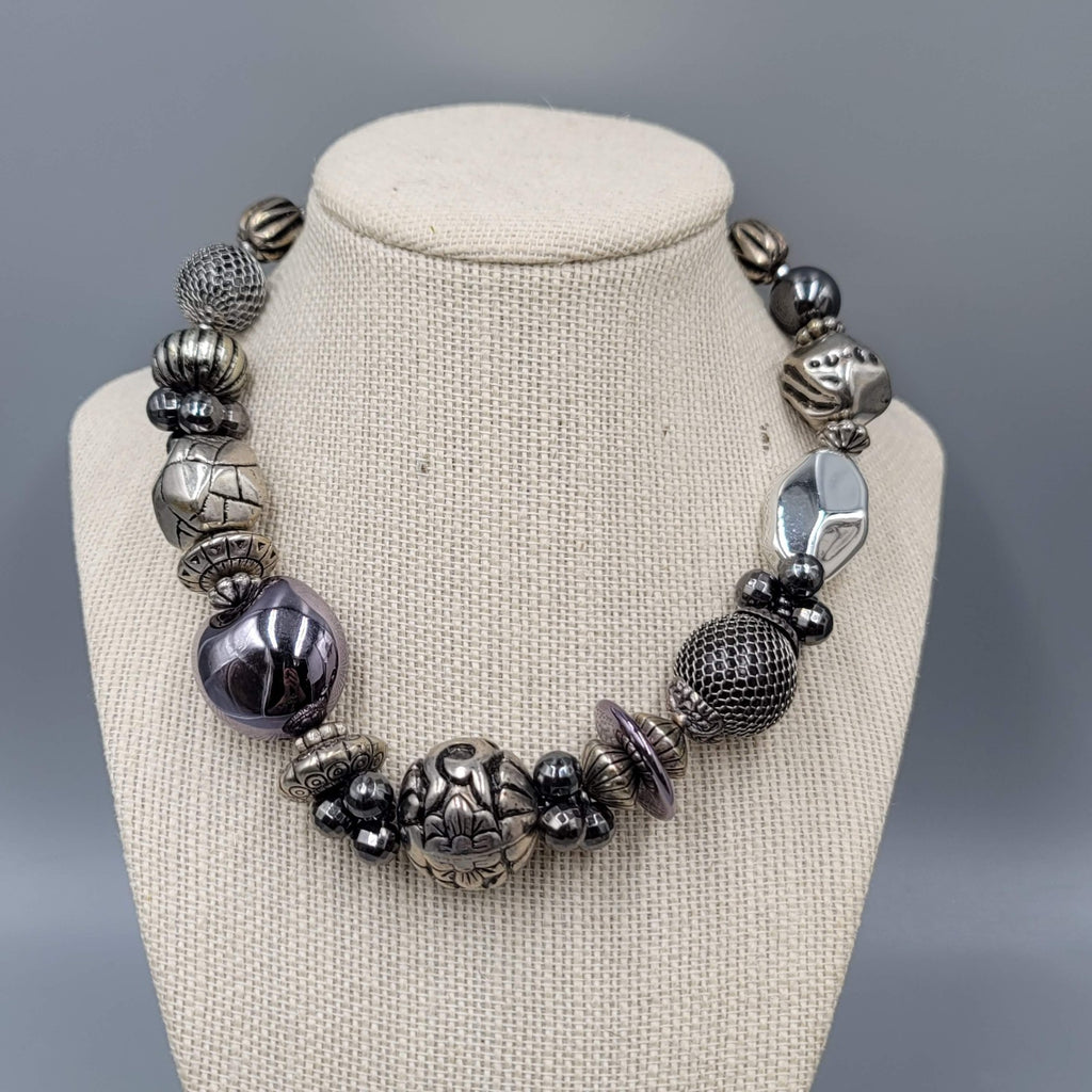 Large Statement Bead Necklace Silver toen Gray Black 16"-20"