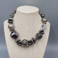 Large Statement Bead Necklace Silver toen Gray Black 16"-20"