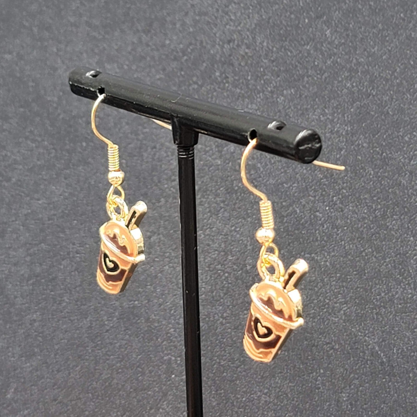 Smoothie Pierced Earrings Shake Coffee Gold tone Dangle Enamel 3/4"