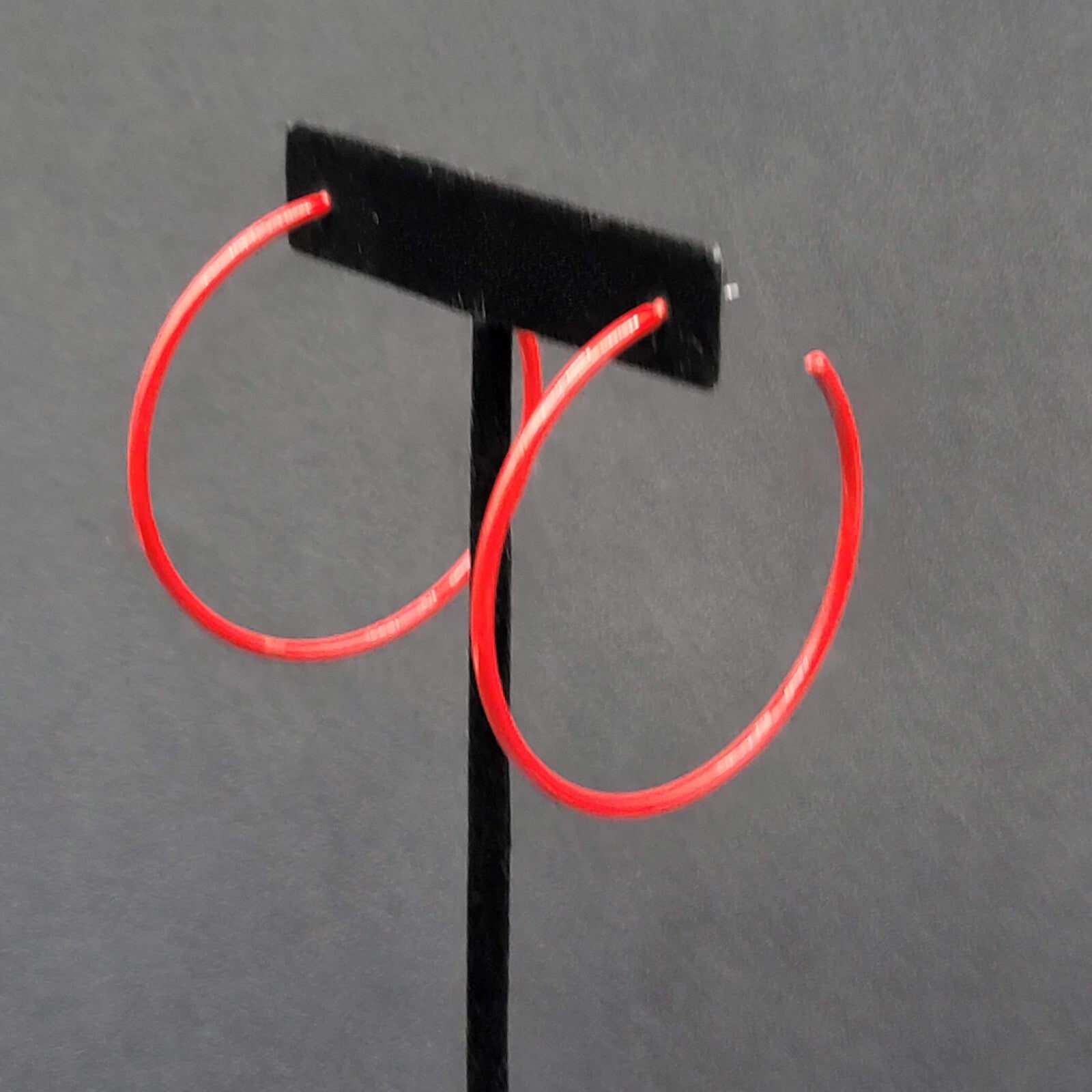 Pierced Earrings Red Enamel over Metal Large Skinny Hoops 2"