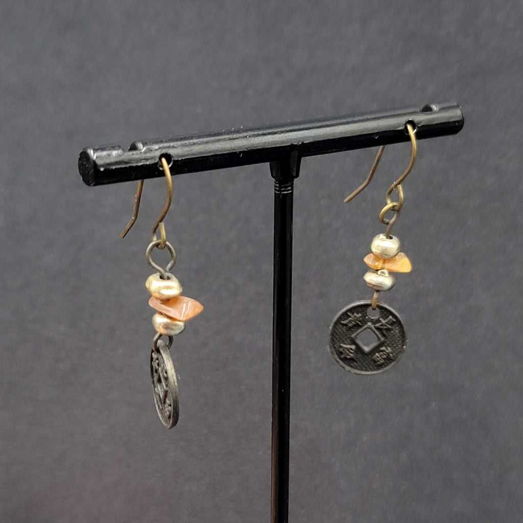 Pierced Earrings Beaded Asian Coin Dangle 1"