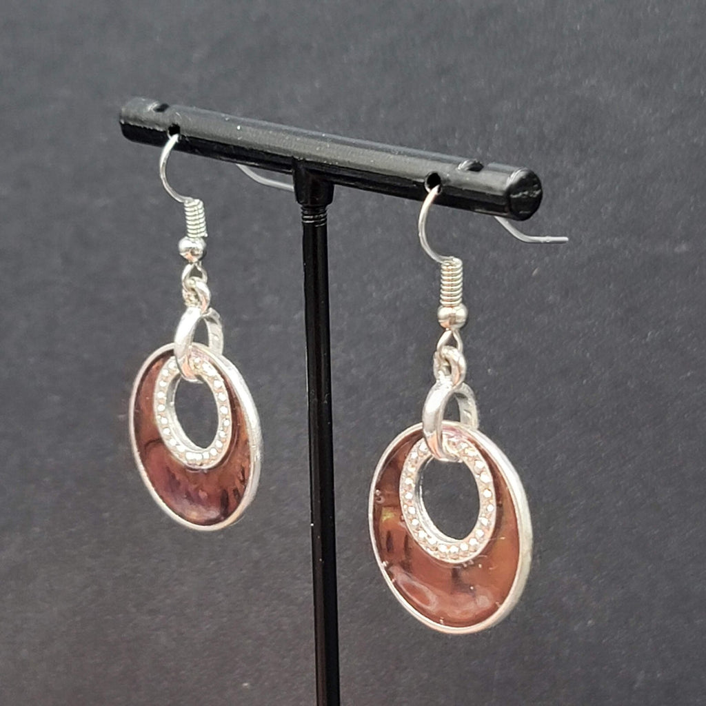 Pierced Earrings Silver tone Faux Abalone Dangle Open Circle 1"