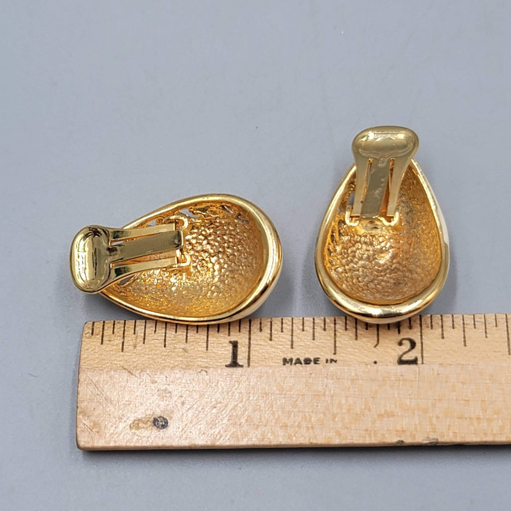 Vintage Enamel Clip on Earrings Gold Plated Yellow Purple Green Swirls 1 1/8"