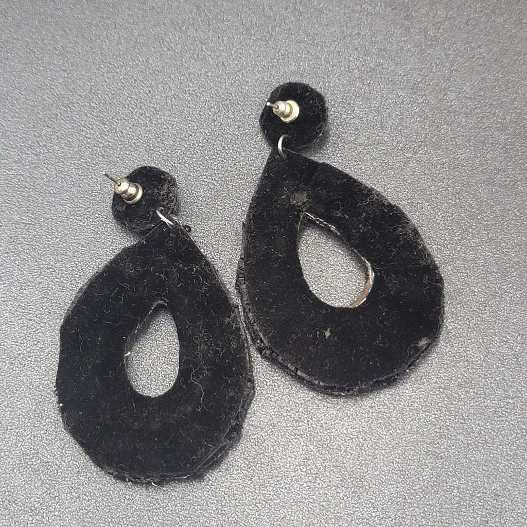 Pierced Earrings Black Felt Seed Beaded Rhinestone Runway Dangle 3"