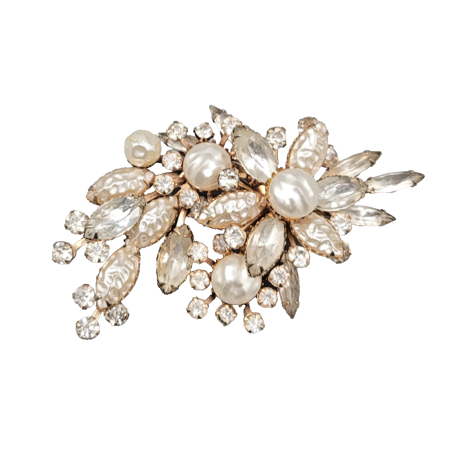 Vintage Brooch  Pearlized Lava Rhinestone Gold tone Floral Spray 3 in Unsigned