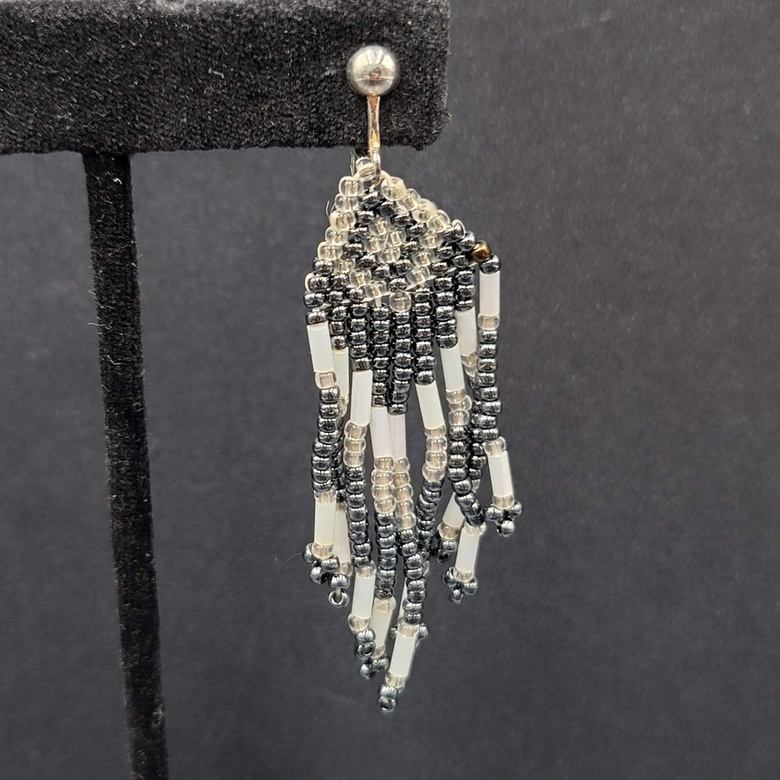 Vintage Clip on Earrings Seed Bead Weaved Dangle 2 3/8"