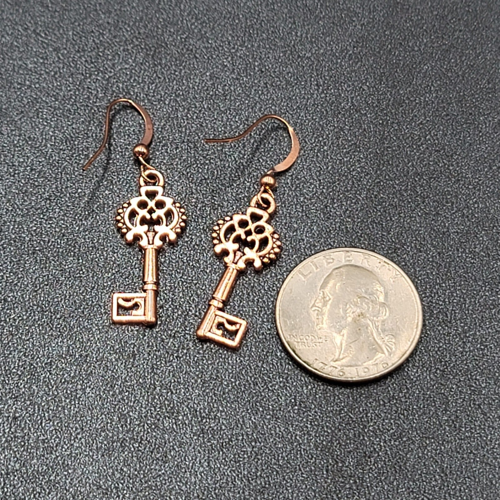 Skeleton Key Pierced Earrings Copper tone Dangle 1 1/8"