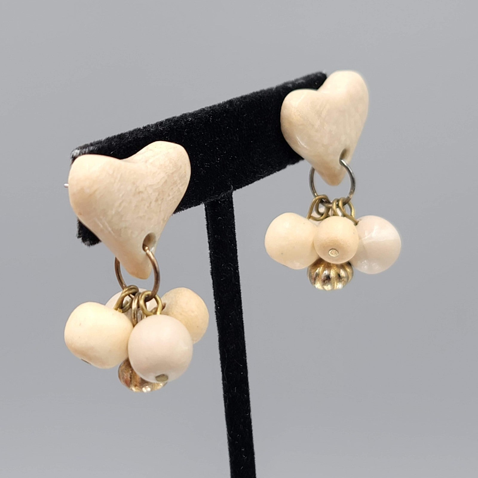 Vintage Heart Bead Pierced Earrings White Stone Dangle 1.5 in
