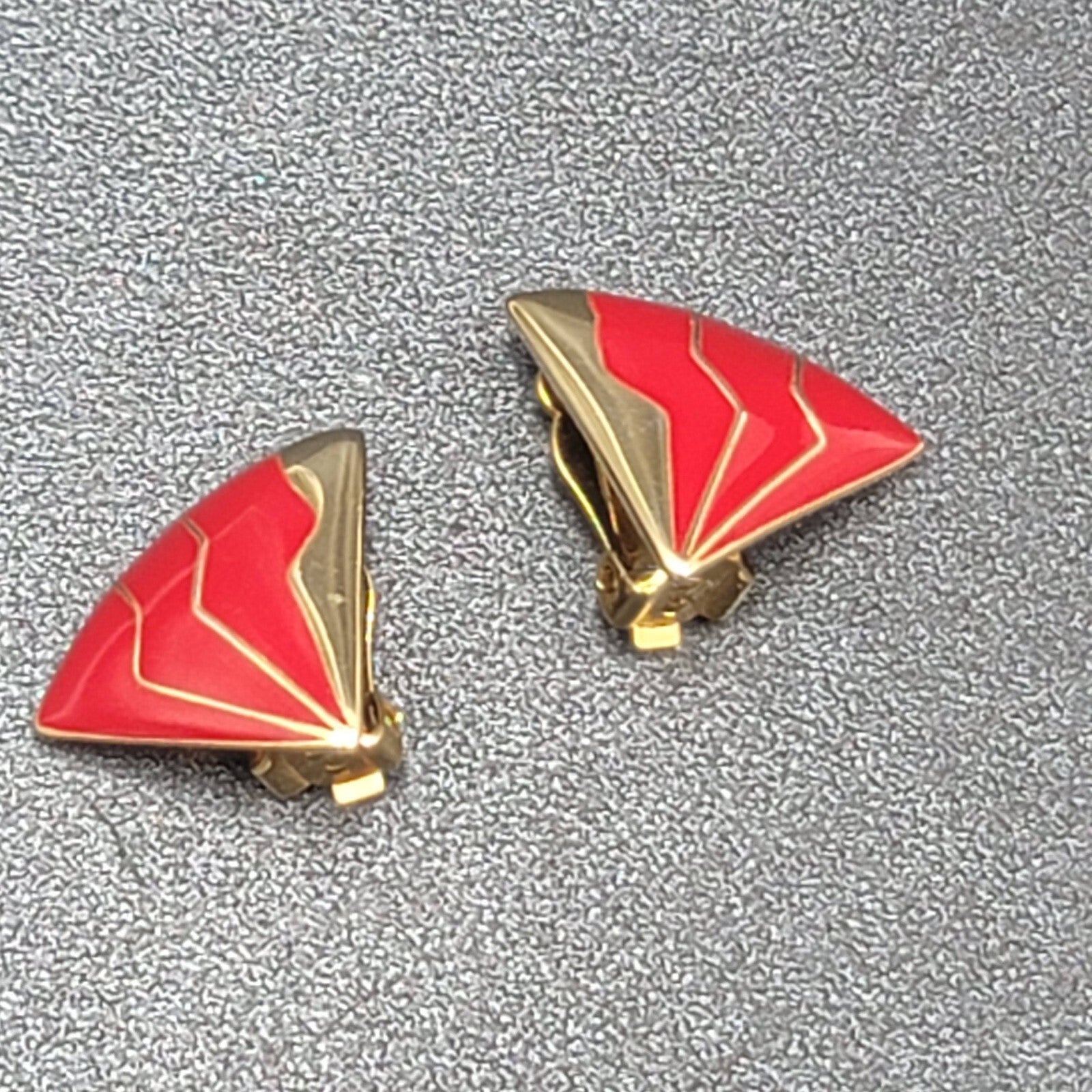 Vintage Clip on Earrings Gold Plated Red Enamel Fan Design 3/4"