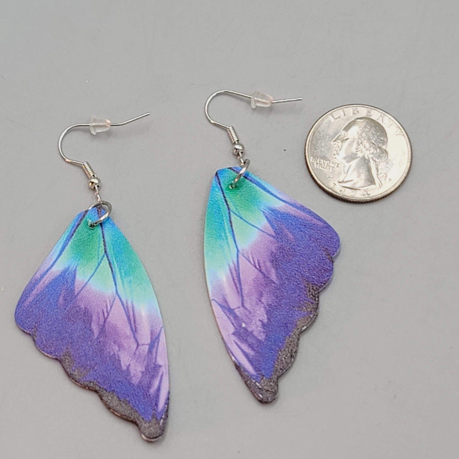 Butterfly Wing Pierced Earrings Purple Green Blue Statement Dangle 2.25"