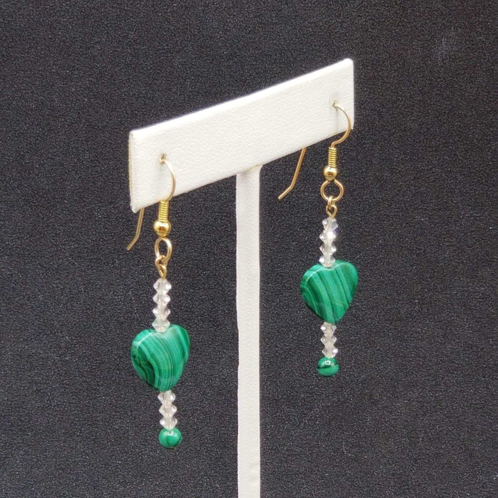 Pierced Earrings Gold tone Green Malachite Heart Crystal Beaded Dangle 1 3/8"
