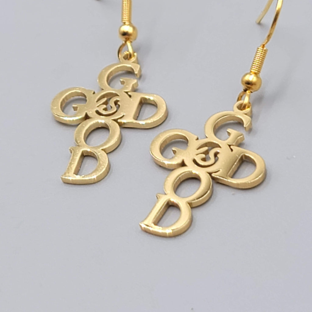 God is Good Cross Pierced Earrings Gold tone Dangle 1"