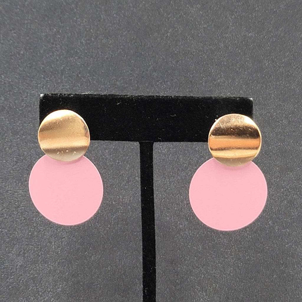 Pierced Earrings Mauve Pink Enamel Gold tone Double Discs Dangle 1 3/8"