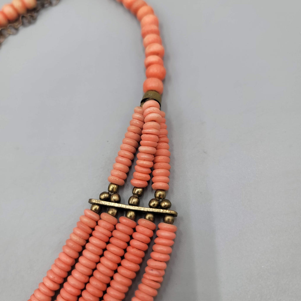 Artisan Faux Coral Bead Bib Boho Necklace Pink Metal Multistrand 20"