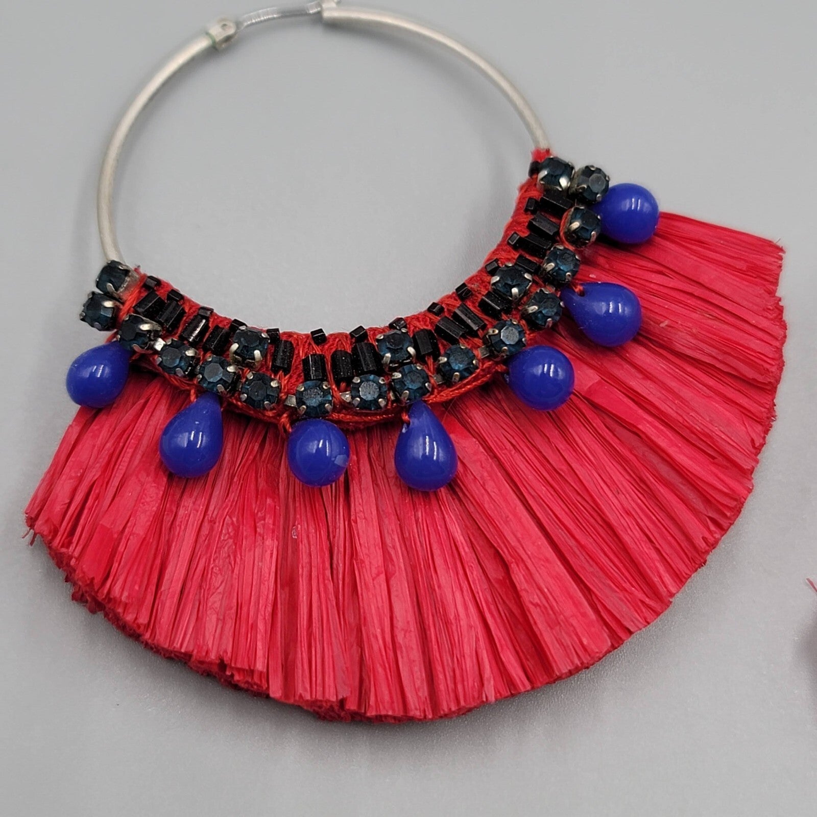 Large Statement Red Rattan Pierced Earrings Purple Bead Hoops 3"