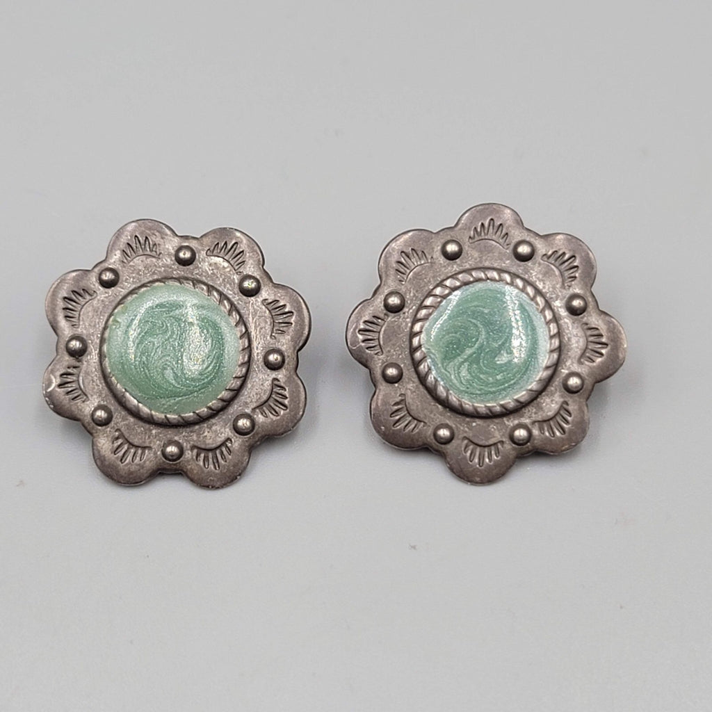 Vintage Flower Clip on Earrings Dark Gray Metal Green Enamel 1 1/8"