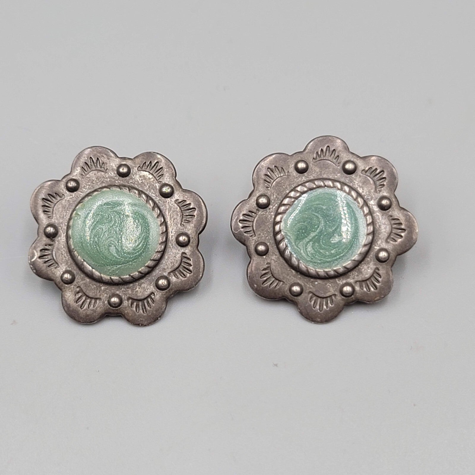 Vintage Flower Clip on Earrings Dark Gray Metal Green Enamel 1 1/8"
