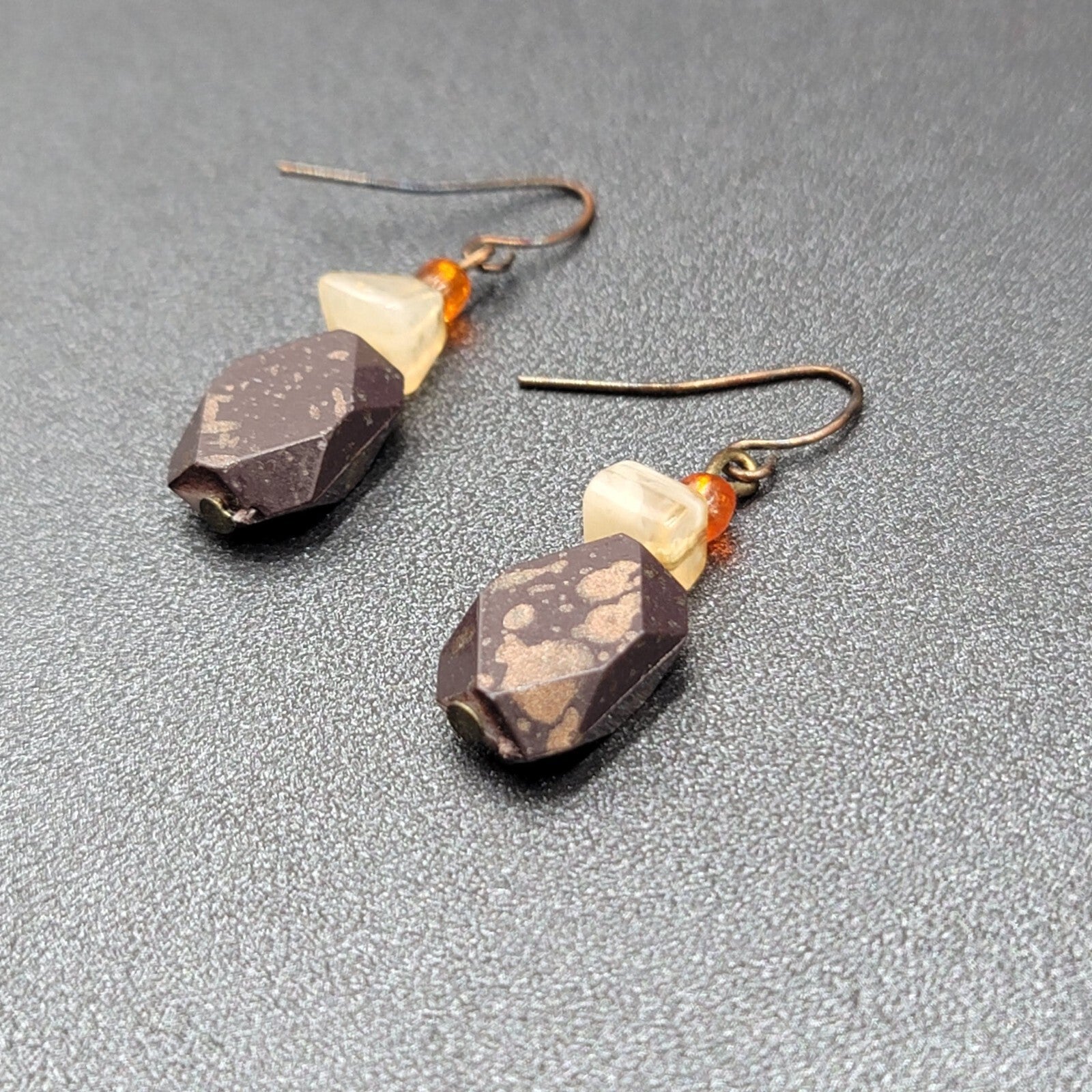 Pierced Earrings Bronze tone Acrylic Beads Natural Fall tones 1 1/8"