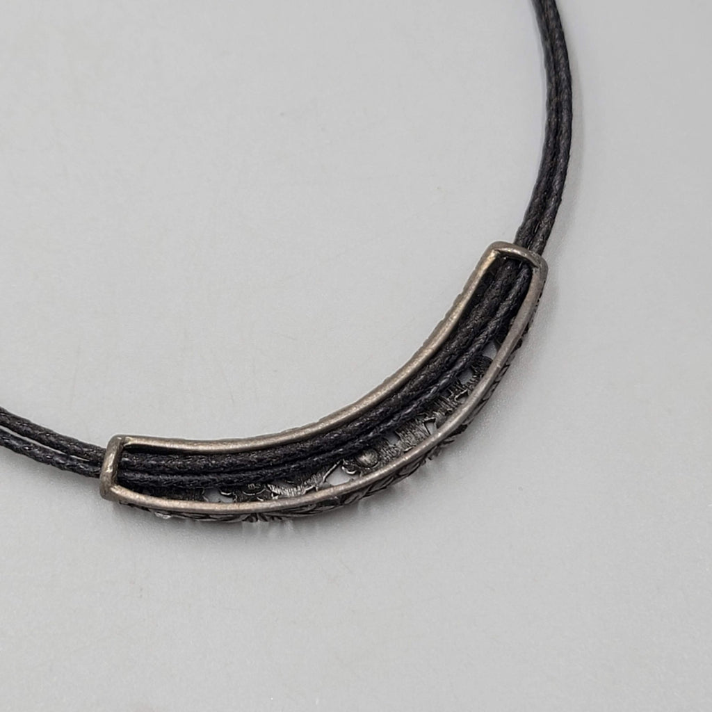 lia sophia Necklace Black Leather Part Pendant Crystal Flowers Pewter 18 in
