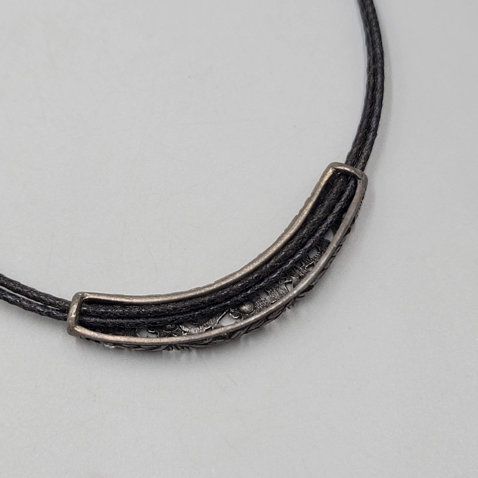 lia sophia Necklace Black Leather Part Pendant Crystal Flowers Pewter 18 in