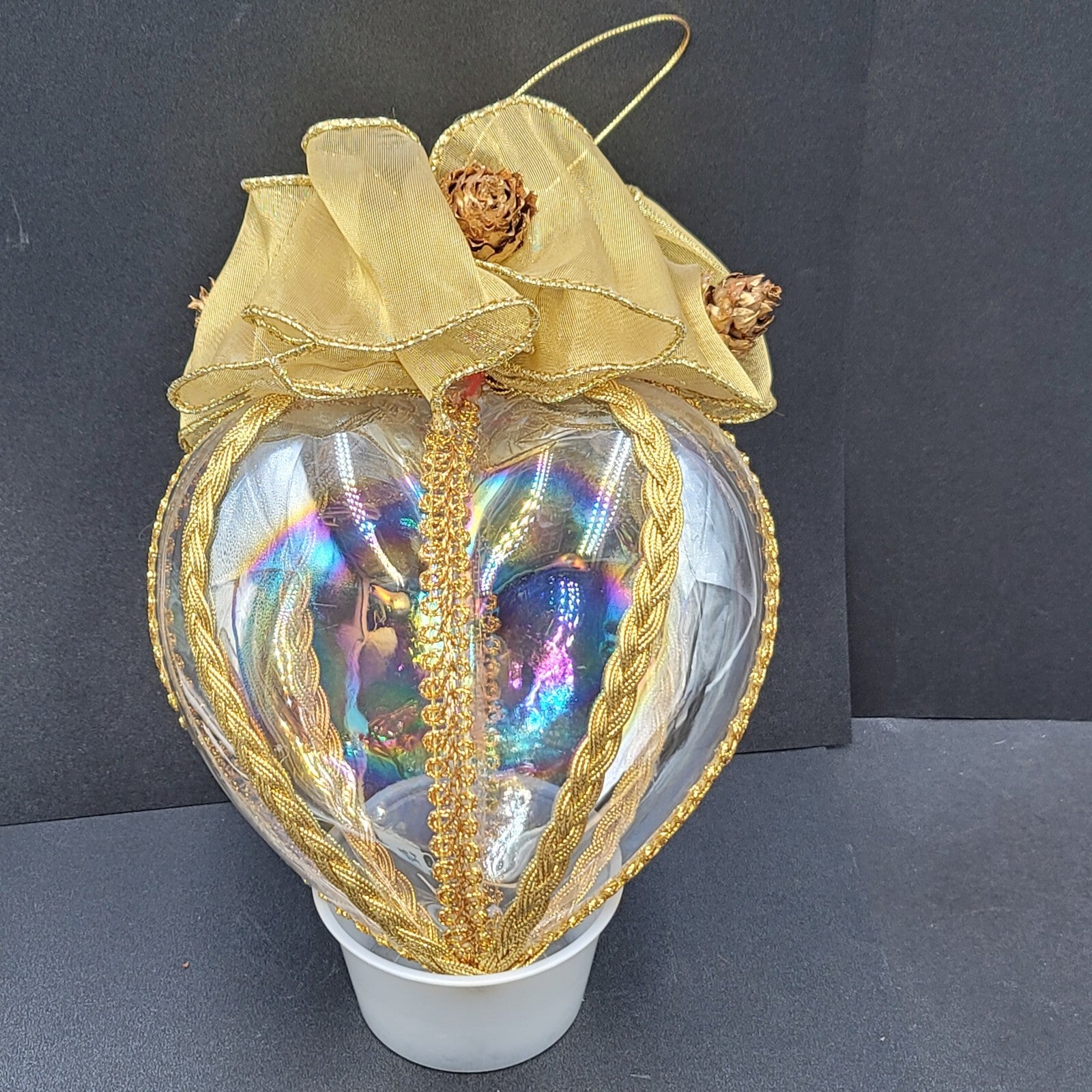Hand Blown Iridescent Glass Heart Christmas Ornament Sun Catcher 7.5"