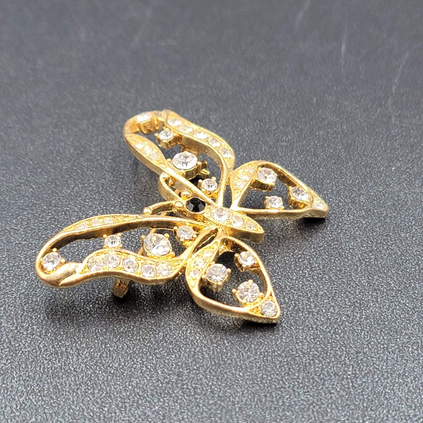 Vintage Butterfly Brooch Gold Plated Black Rhinestone 1.5"