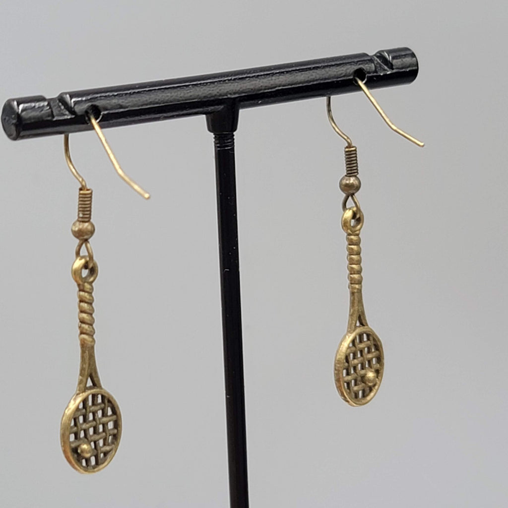 Tennis Racquet Pierced Earrings Bronze tone Dangle NEW 1 1/8"