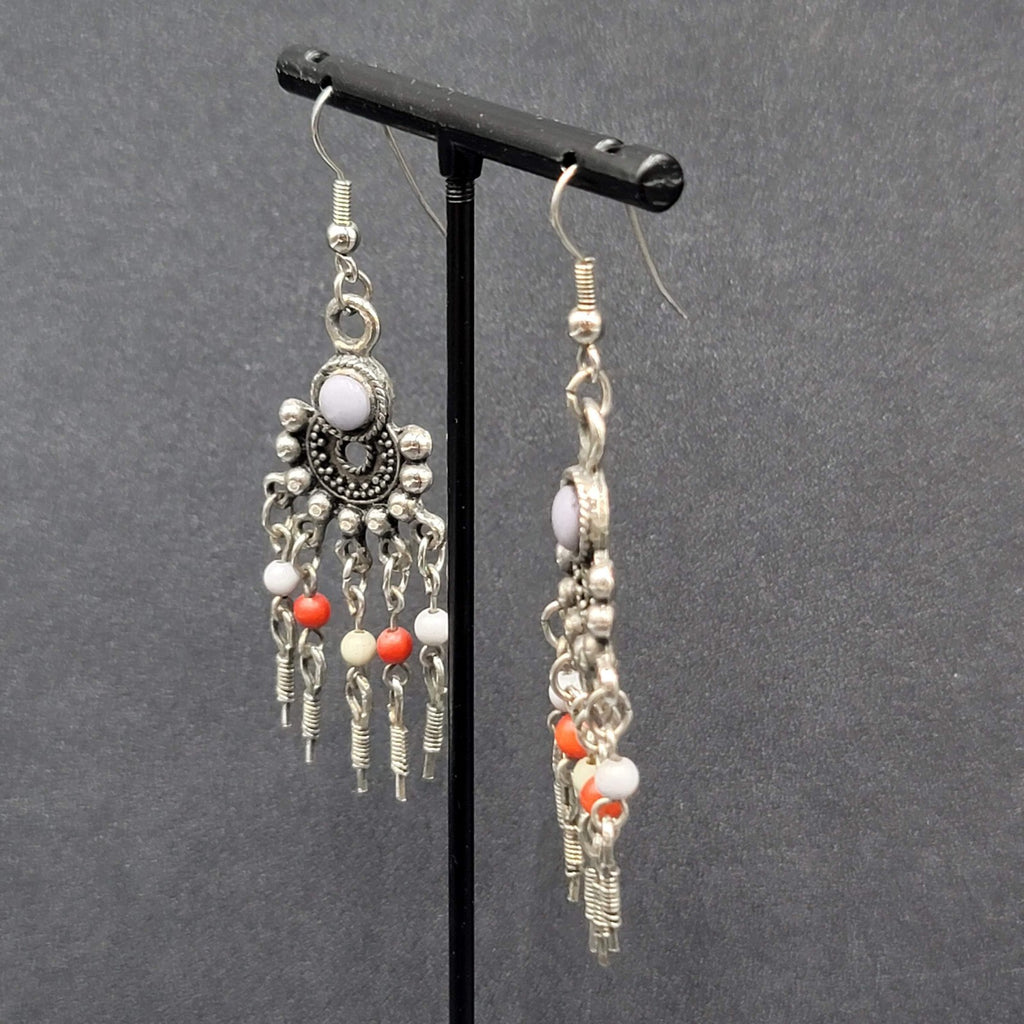 Boho Pierced Earrings Silver tone Beaded Chandelier 2.25"