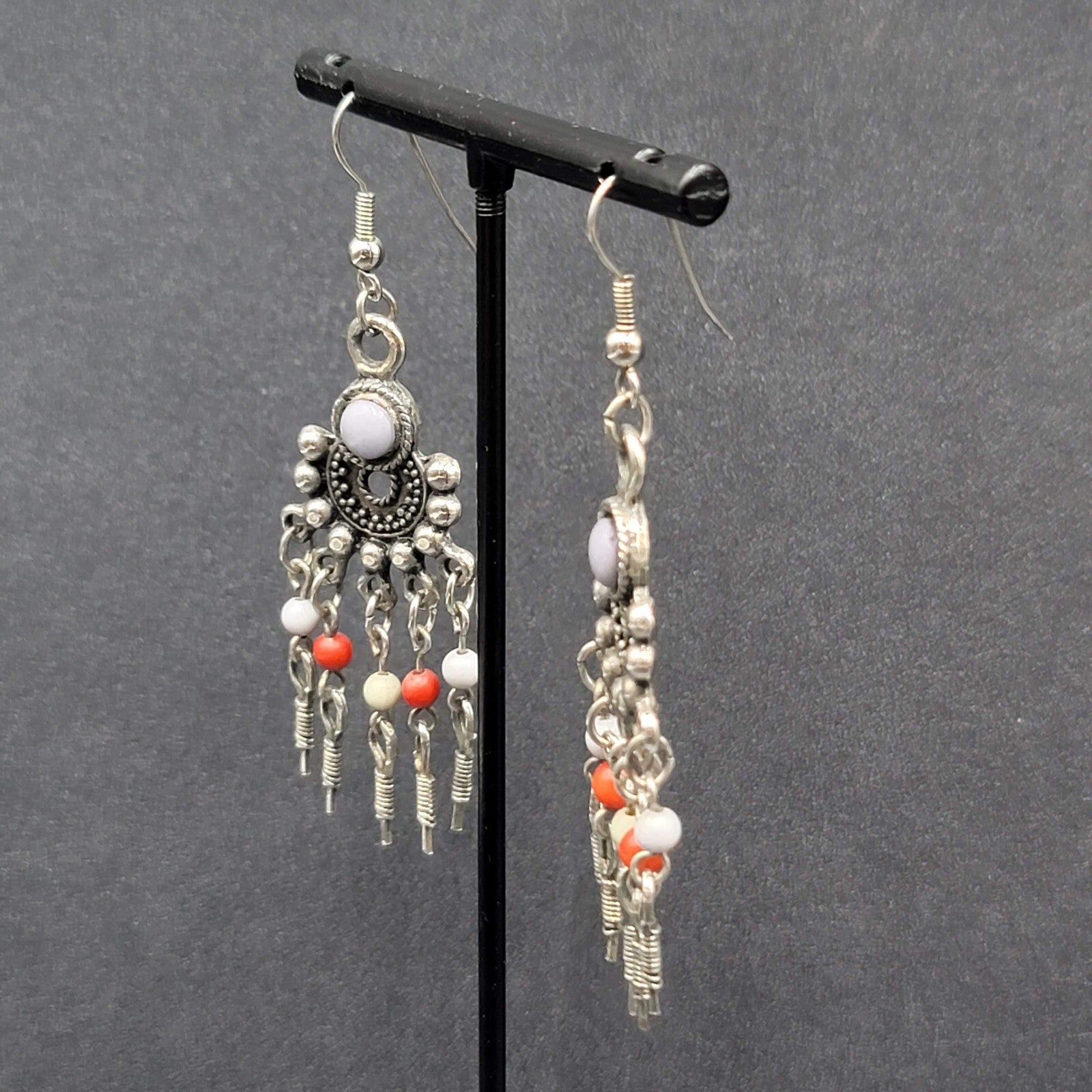 Boho Pierced Earrings Silver tone Beaded Chandelier 2.25"